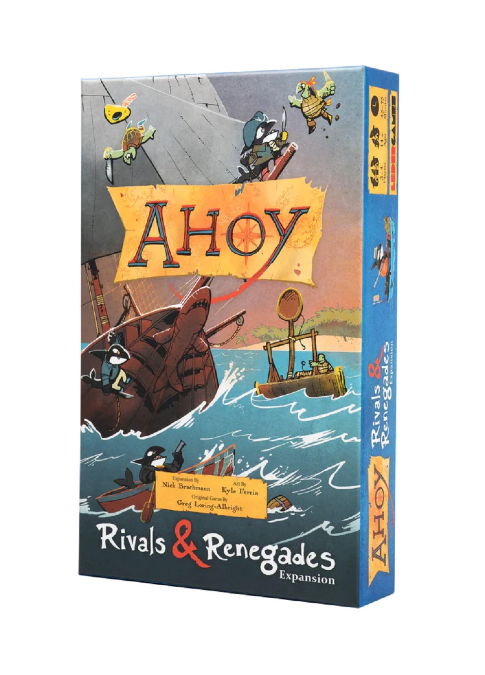 Ahoy: Rivals & Renegades Expansion board game box cover showing animal pirates battling near a shark-shaped ship