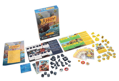 Components of the Ahoy: Rivals & Renegades Expansion board game, including the box, mats, cards, dice, and plastic tokens