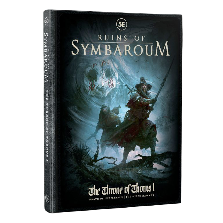 A 5E &quot;Ruins of Symbaroum: The Throne of Thorns I&quot; RPG book cover with two armored adventurers in a dark, ruined landscape