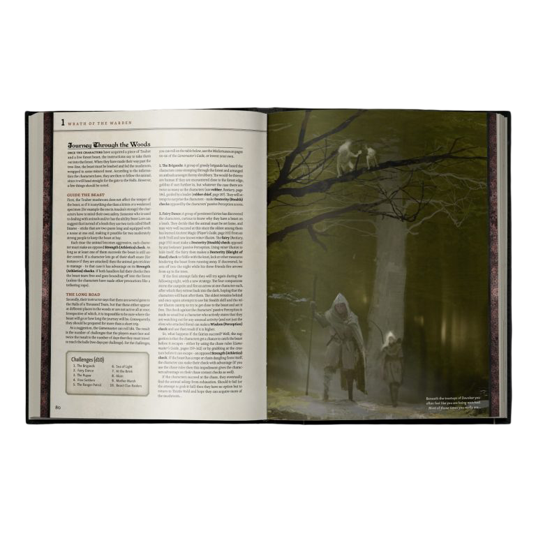 Open fantasy book: two cloaked adventurers explore a forest, watched by two fawns on a tree branch