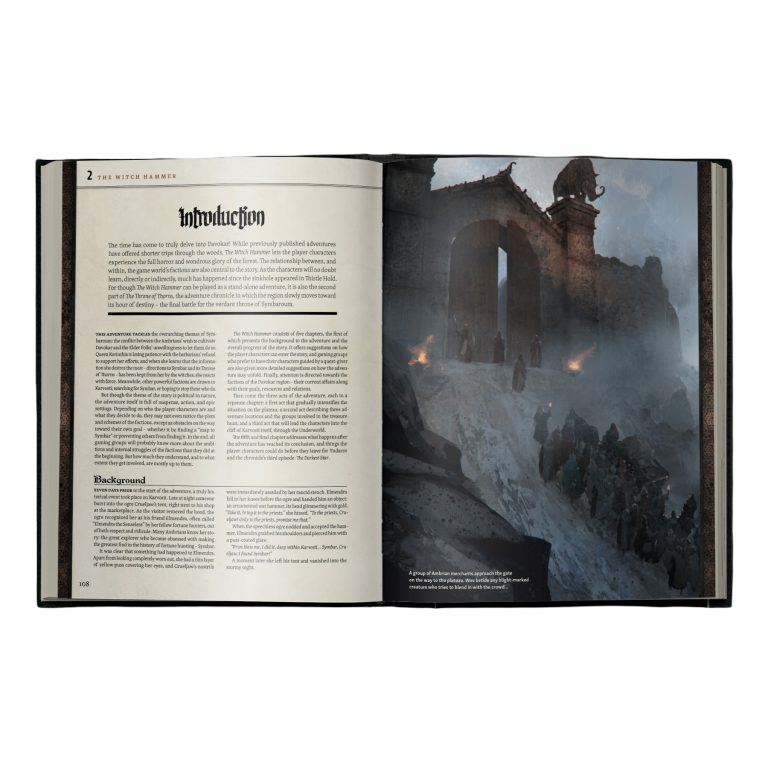 An open RPG book: text page left, dark illustration right showing travelers approaching a massive, torch-lit stone gate