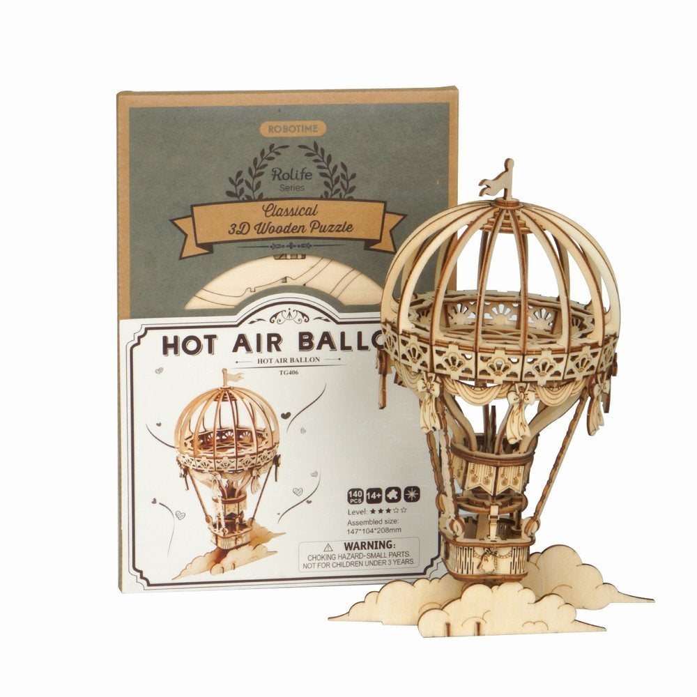 3D wooden hot air balloon puzzle model and its classical Rolife kit box