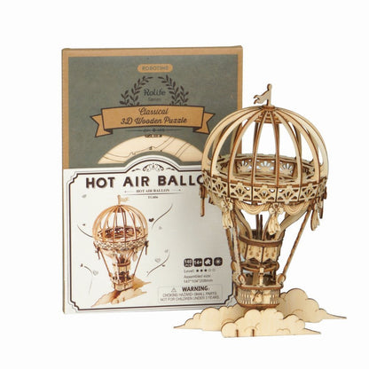 3D wooden hot air balloon puzzle model and its classical Rolife kit box