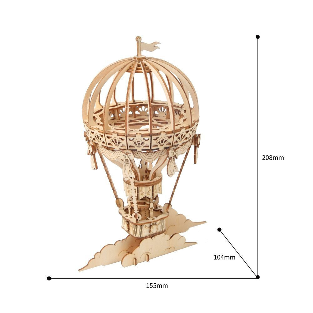 Ornate wooden hot air balloon 3D puzzle model with dimensions displayed