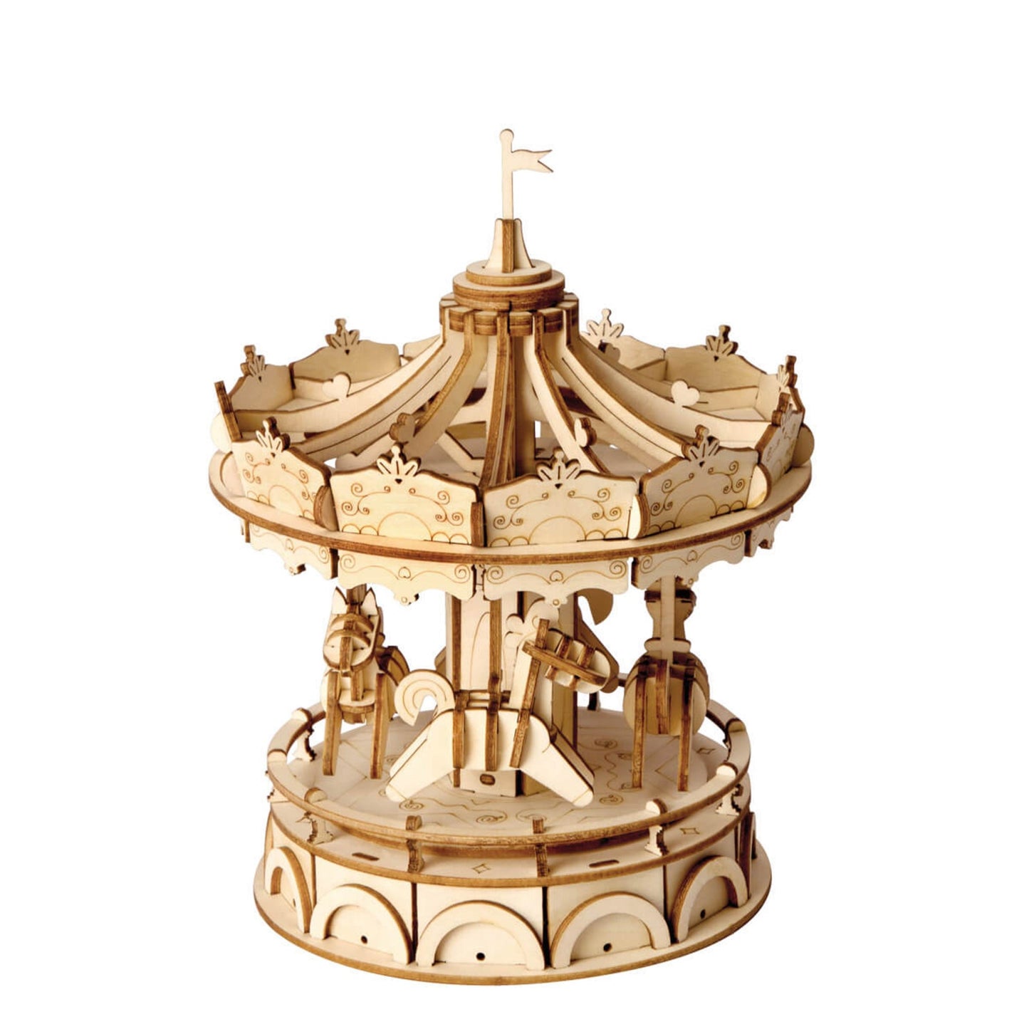 Detailed wooden 3D puzzle model of a carousel with miniature horses, isolated on white