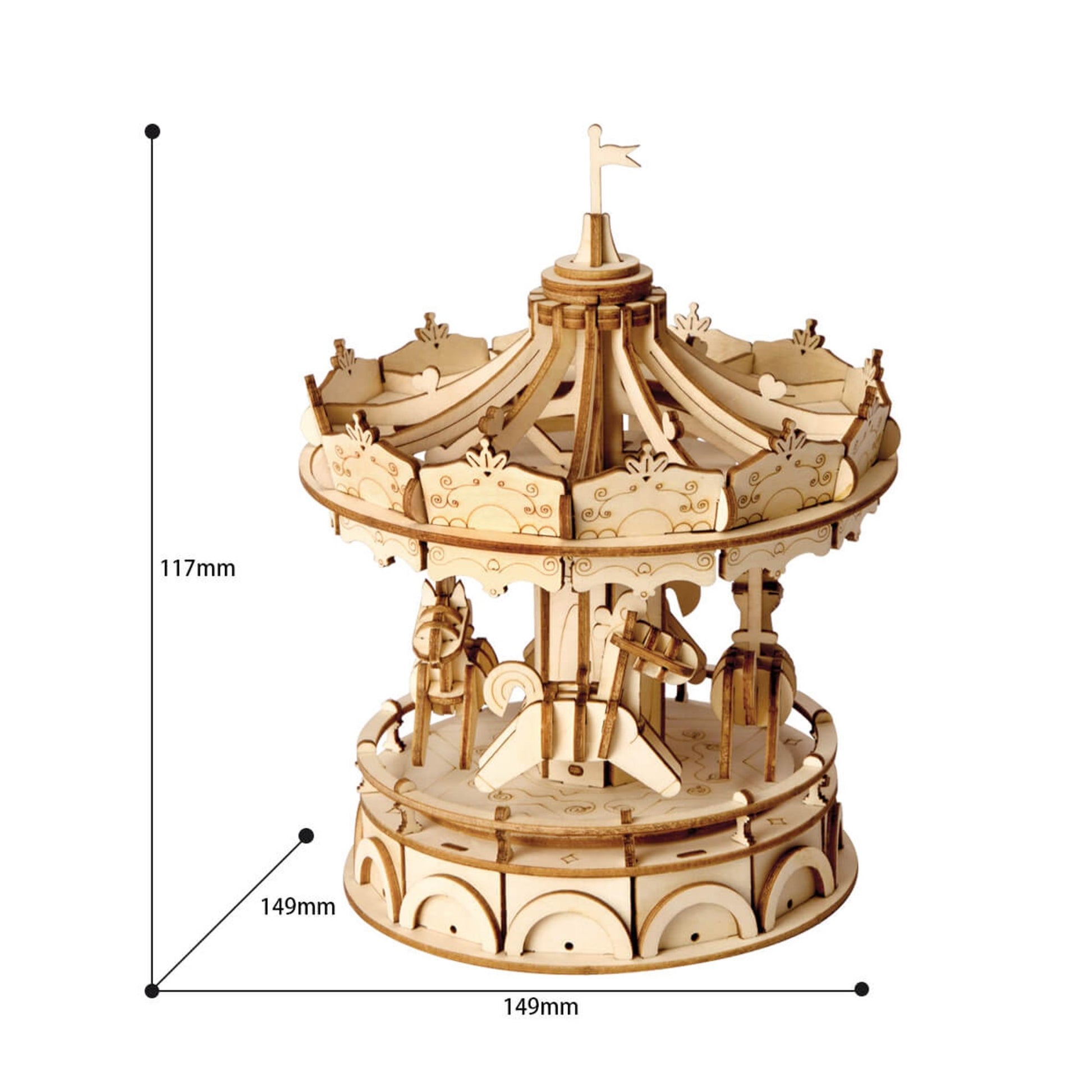 Detailed wooden model of a carousel, showing dimensions (117mm height, 149mm width)