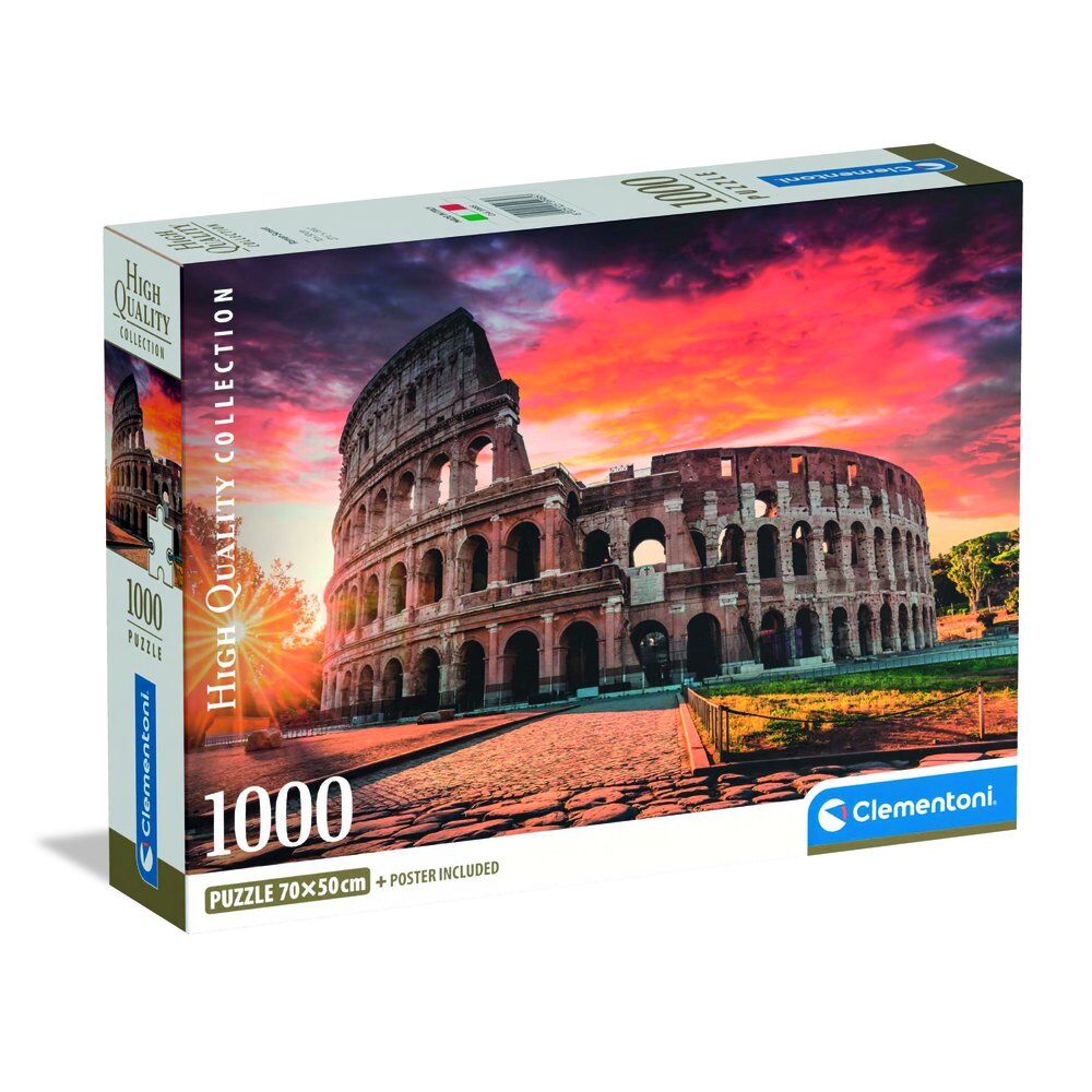 Clementoni 1000-piece jigsaw puzzle box featuring the Roman Colosseum at a fiery sunset