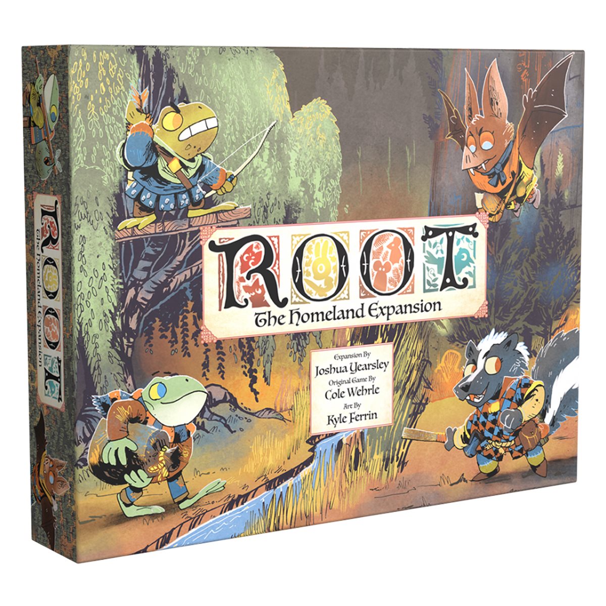 Cover art for Root: The Homeland Expansion board game, showing a frog archer, flying bat, turtle, and skunk in a forest