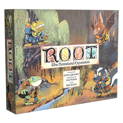 Cover art for Root: The Homeland Expansion board game, showing a frog archer, flying bat, turtle, and skunk in a forest