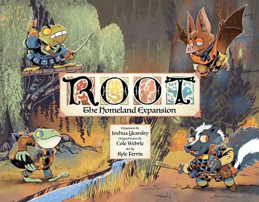 Root: The Homeland Expansion cover shows a frog archer, flying bat, a frog by a stream, and a skunk with a club