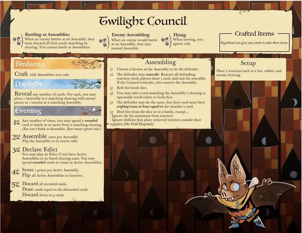 Twilight Council game rules card showing detailed text and a cartoon bat character holding a scroll with wings spread