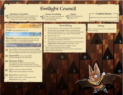 Twilight Council game rules card showing detailed text and a cartoon bat character holding a scroll with wings spread