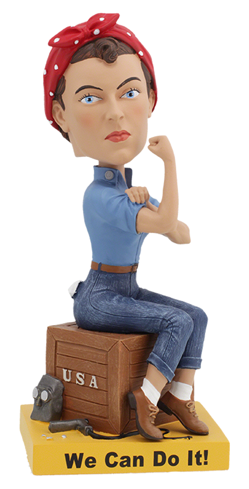 Royal Bobbles Rosie the Riveter bobblehead with red bandana blue shirt jeans and We Can Do It base