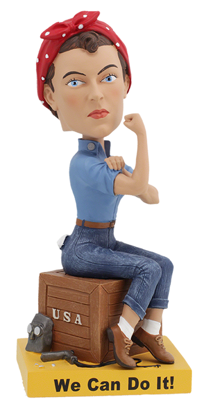 Royal Bobbles Rosie the Riveter bobblehead with red bandana blue shirt jeans and We Can Do It base