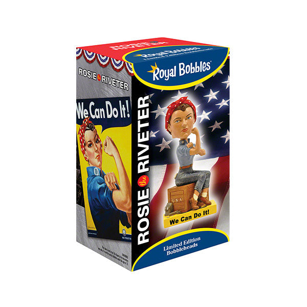 Royal Bobbles Rosie the Riveter bobblehead in display box showing We Can Do It poster and bobblehead figurine