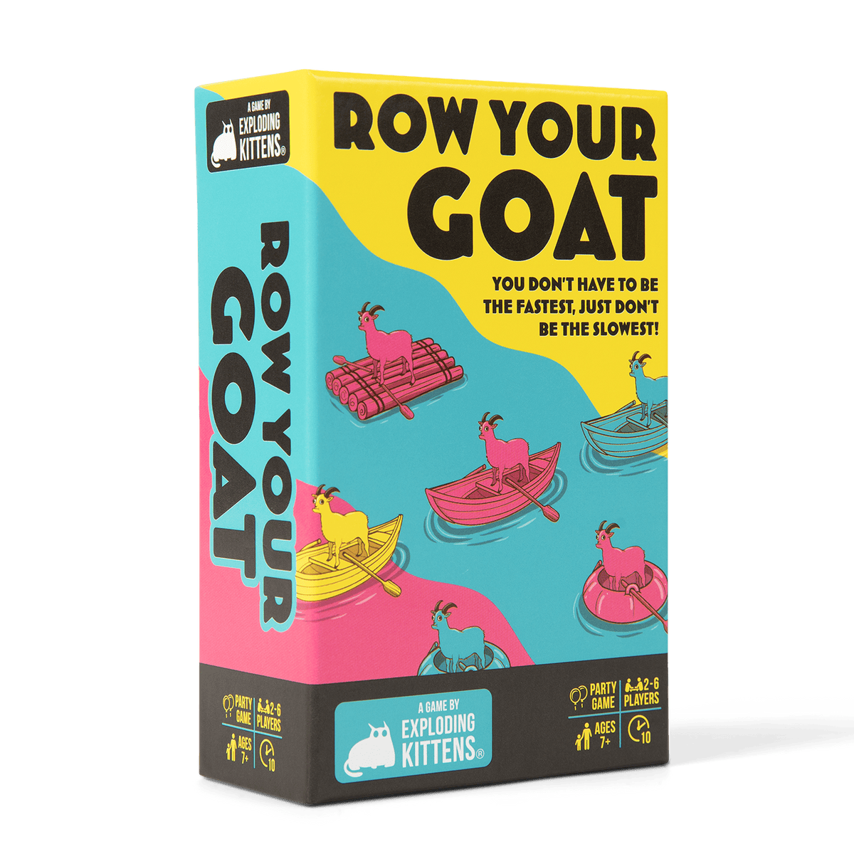The Row your Goat game box features colorful goats in various boats on blue water under a yellow sky