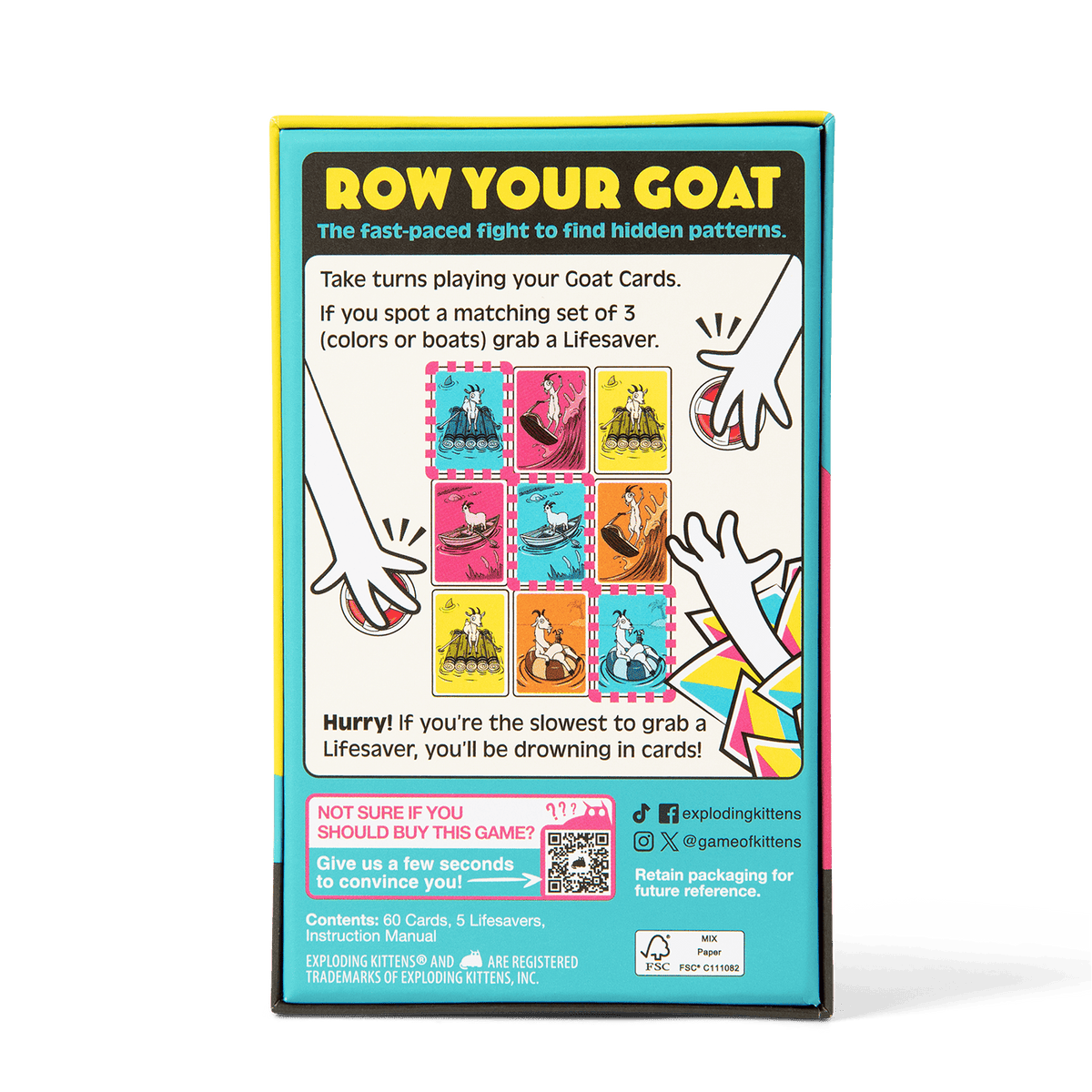 Row Your Goat game box featuring cartoon hands reaching for cards with goats in boats and a life preserver card, with game instructions displayed