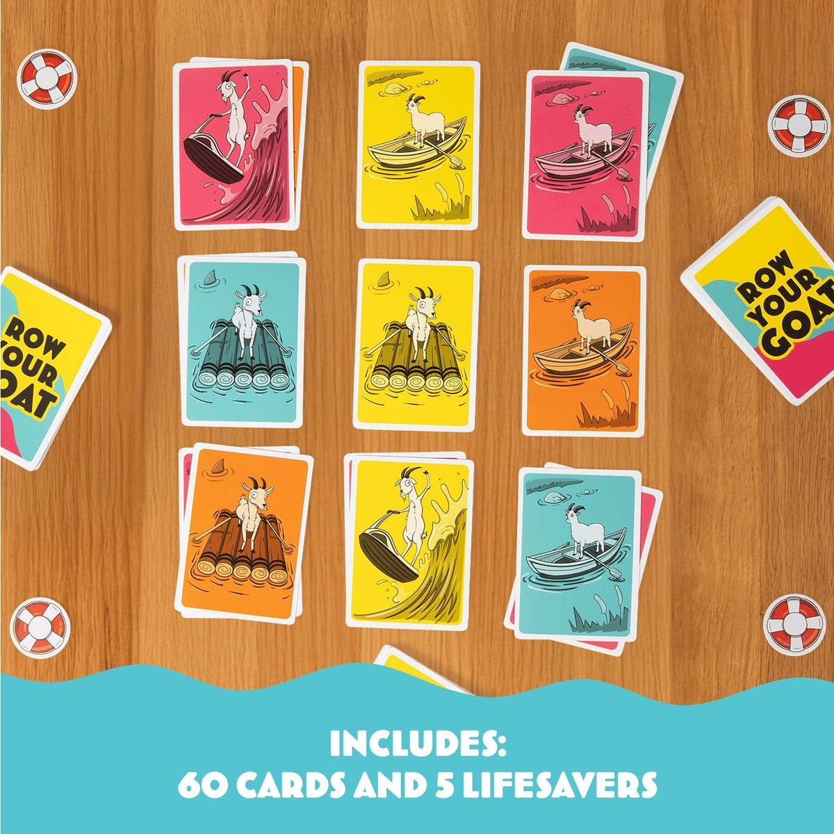 Row your Goat game cards featuring cartoon goats on boats, rafts, and surfboards, with lifesaver tokens and game details on a wooden table
