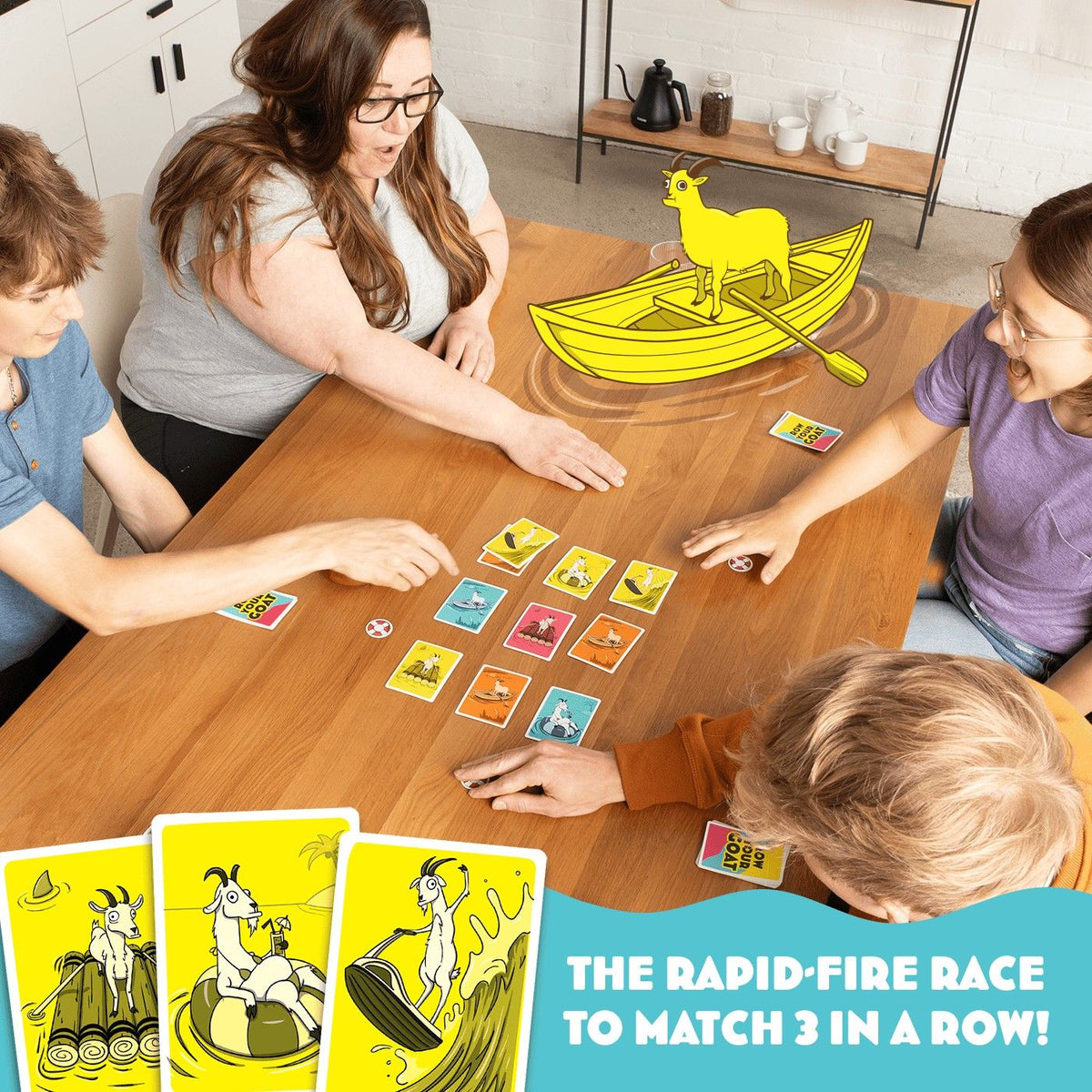 Four people play the Row your Goat card game at a wooden table, featuring cartoon goats in boats and on surfboards