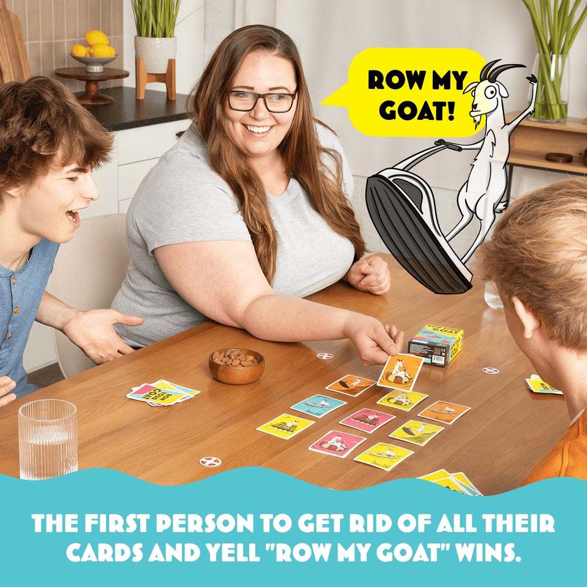 Three people play the Row your Goat card game at a table with cards, a glass of water, and almonds, with a cartoon goat overlay