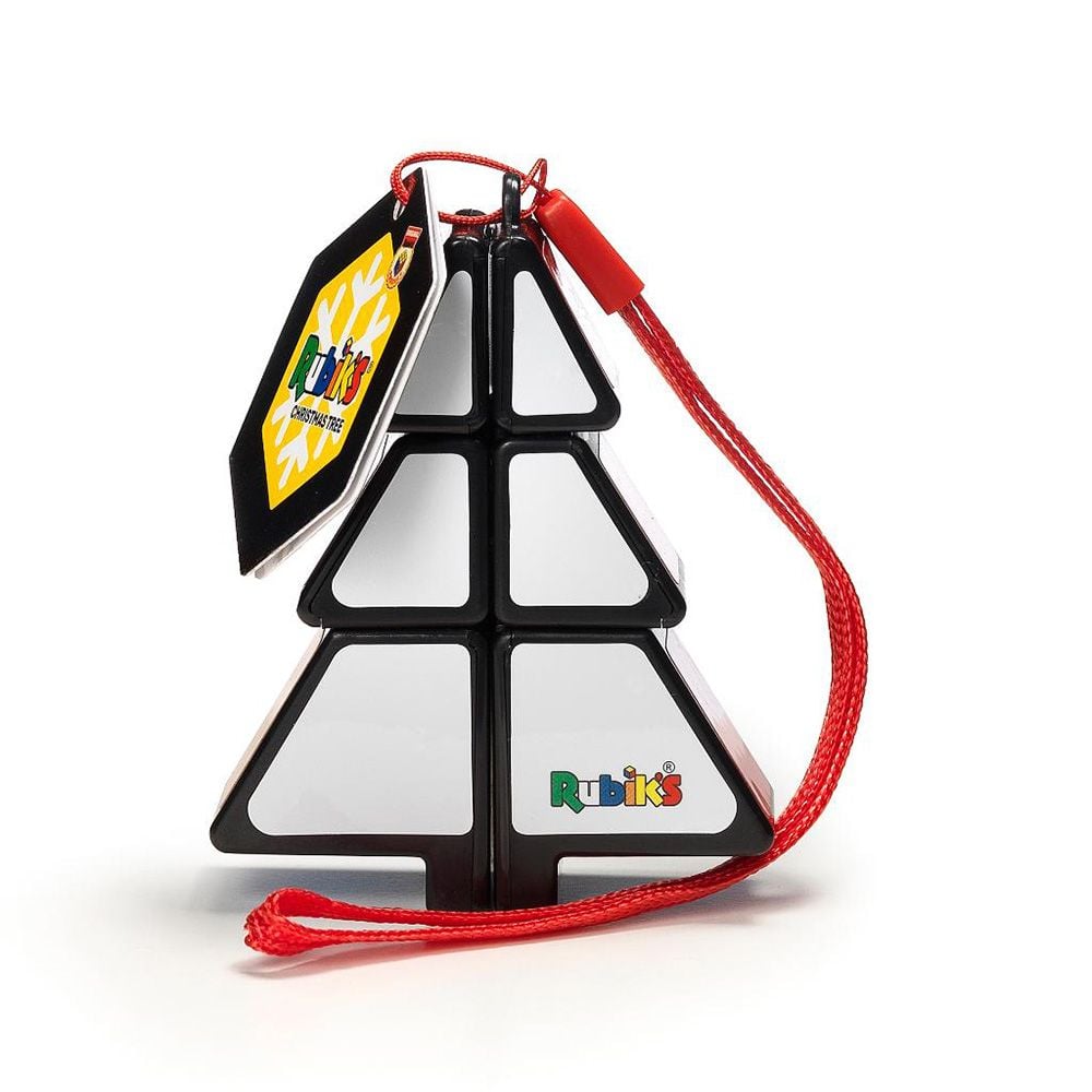 Black and white Rubik's Christmas tree puzzle with a red cord and tag