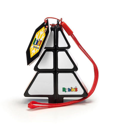 Black and white Rubik's Christmas tree puzzle with a red cord and tag