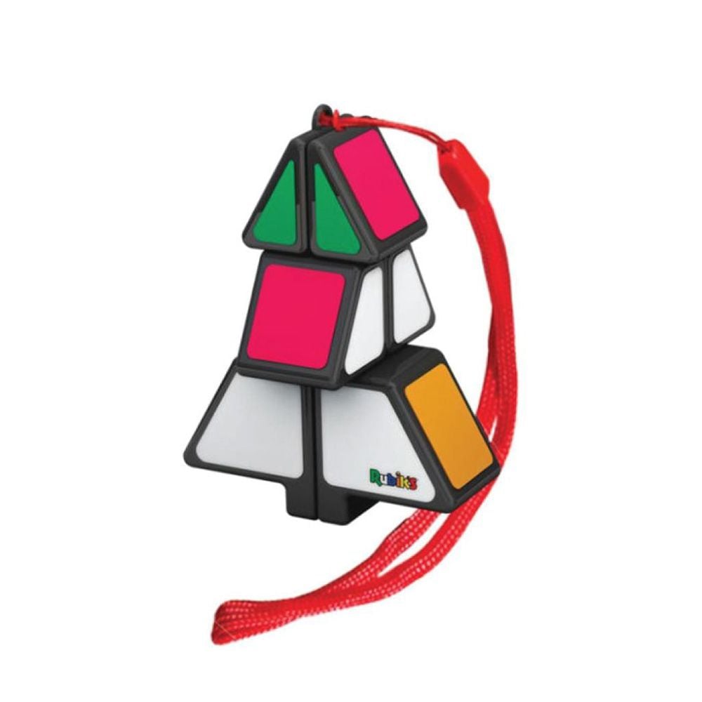 Rubik&#39;s Christmas tree puzzle keychain with green, pink, white, and orange faces, featuring a red lanyard