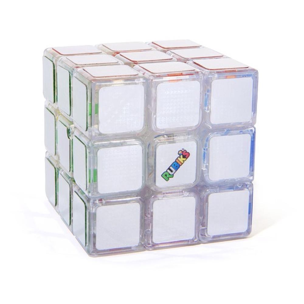 Transparent Rubik's Cube with white squares, revealing a colourful internal mechanism, the Rubik's logo is visible on one face