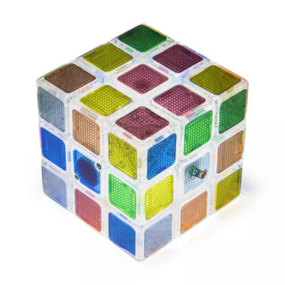 Transparent Rubik's Cube puzzle with textured, multicoloured, translucent squares and Rubik's logo