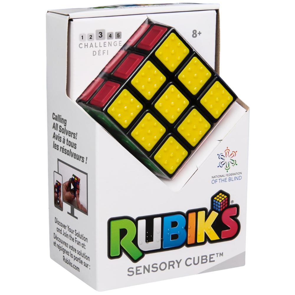 Rubik's Sensory Cube in packaging, showing red and textured yellow sides, with National Federation of the Blind logo