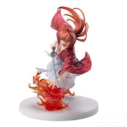 Kenshin Himura figure in red kimono, dynamically swinging a katana with fiery orange energy