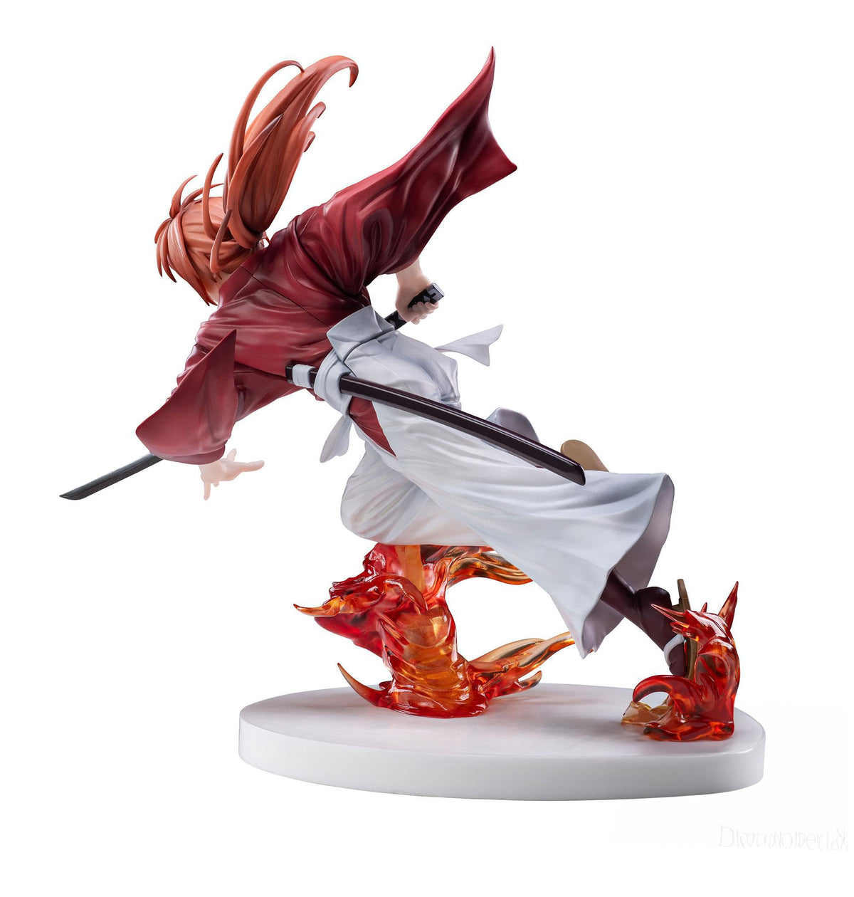 Anime swordsman figure in red and white, lunging dynamically with a drawn katana. Translucent red energy swirls around his feet