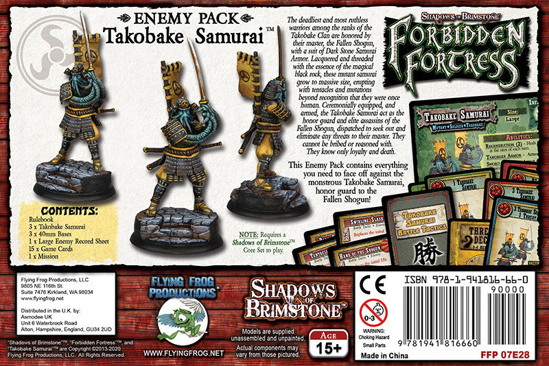 Three armored Takobake Samurai miniatures on a game box, with tentacled faces, holding swords and banners