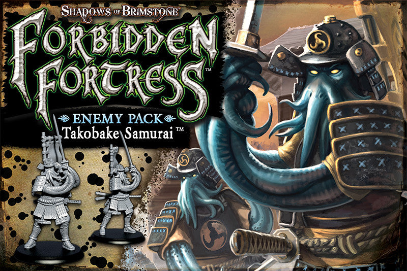 Forbidden Fortress Takobake Samurai: Two unpainted octopus samurai miniatures and art of an armored tentacled samurai with a katana