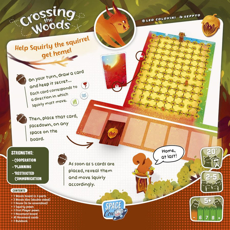 Space Cow Crossing the Woods board game with squirrel pawns and movement cards on woodland playmat