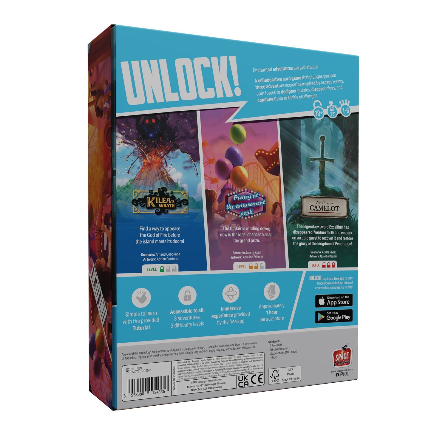 UNLOCK! card game box featuring illustrations for three escape room scenarios: Kilea's Wrath, Amusement Park, and Camelot