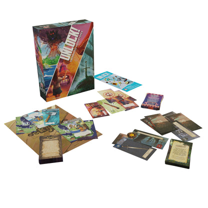 Unlock! Enchanted Adventures board game box standing upright next to scattered decks of illustrated game cards
