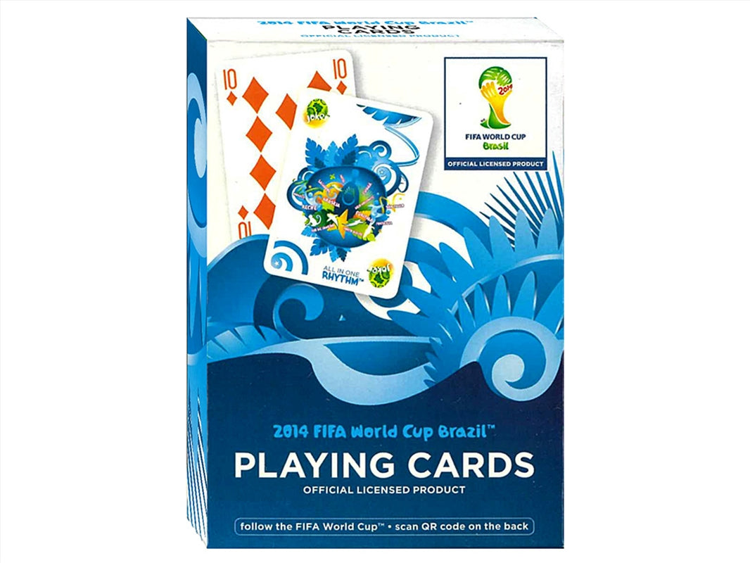 Official 2014 FIFA World Cup Brazil playing cards box with blue design and exposed cards
