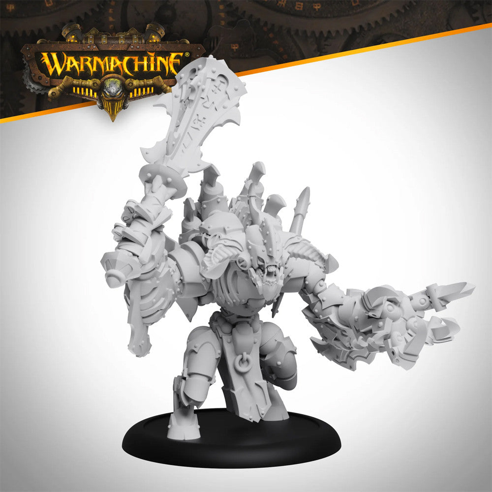 An unpainted Warmachine warjack miniature with an ornate sword raised and a clawed gauntlet extended