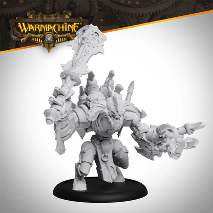 An unpainted Warmachine warjack miniature with an ornate sword raised and a clawed gauntlet extended