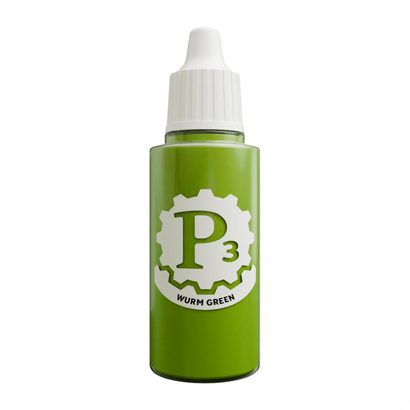 Green paint bottle with white dropper cap, labeled P3 Wurm Green