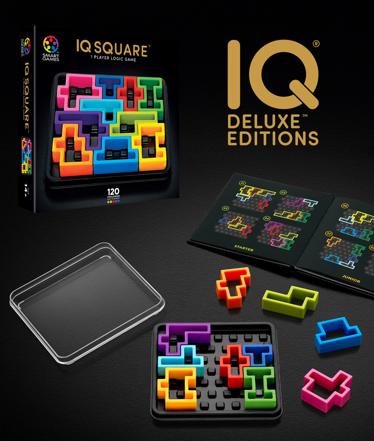 IQ Deluxe Square logic game display with colorful interlocking pieces on a black grid, game box, and challenge booklet