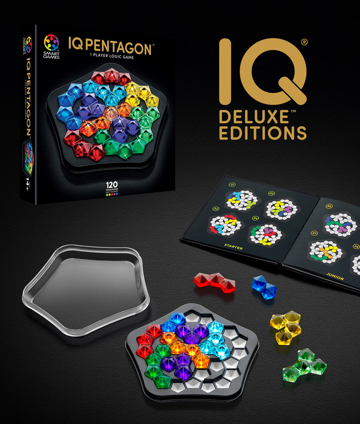 IQ Deluxe Pentagon logic puzzle set with colorful crystalline pieces on a black pentagon board, box, and challenge booklet visible