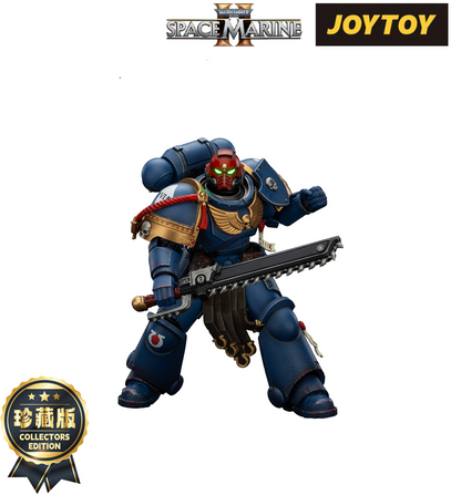 JoyToy Warhammer Space Marine II collector's figure in blue armor, with a red helmet, wielding a chainsword. (107 characters)