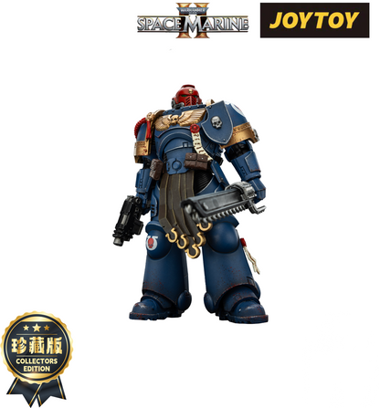 Blue Space Marine action figure (JOYTOY) with red helmet, holding a pistol and a chainsword