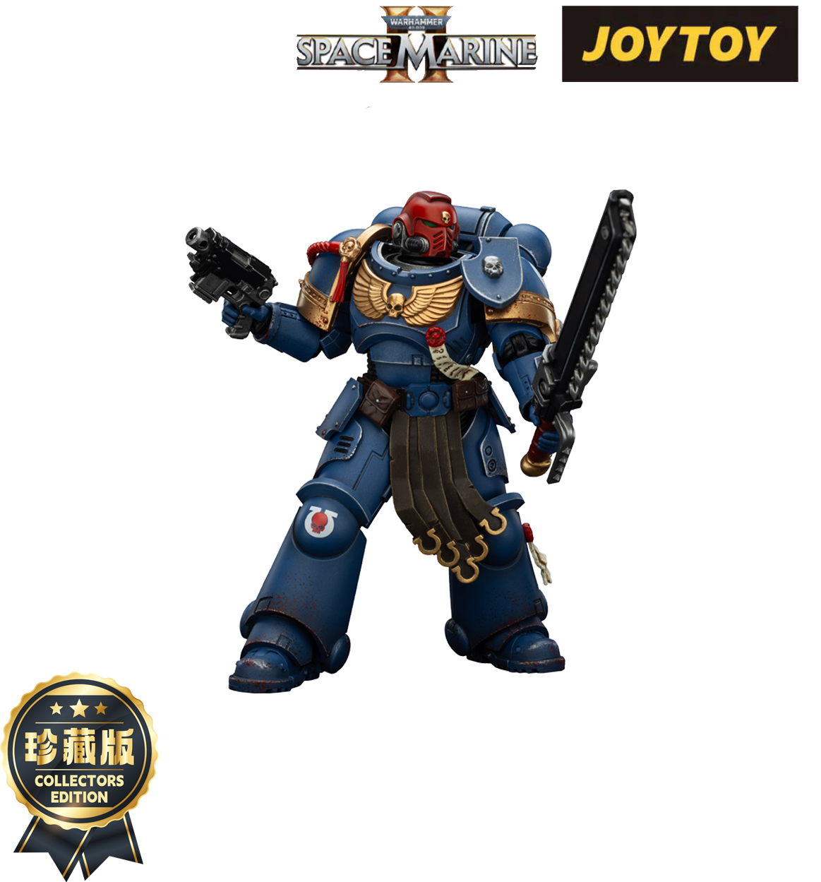 Warhammer Space Marine II JoyToy figure in blue armor, armed with a pistol and chainsword