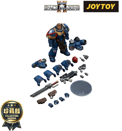 JoyToy Space Marine II action figure (blue armor) displayed with extra weapons, interchangeable armor parts, and accessories