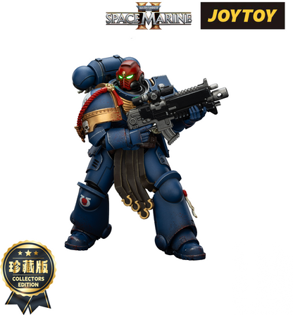 Blue armored Space Marine action figure with a red helmet, aiming a rifle