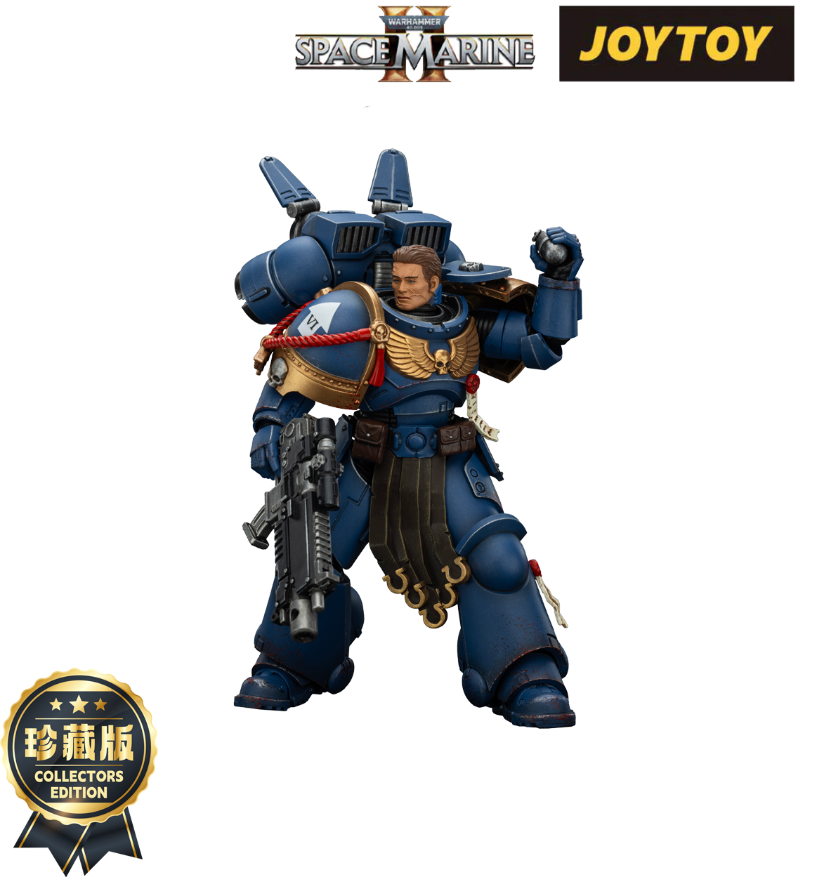 JOYTOY bare-headed Space Marine action figure in blue armor, holding a rifle and a raised grenade