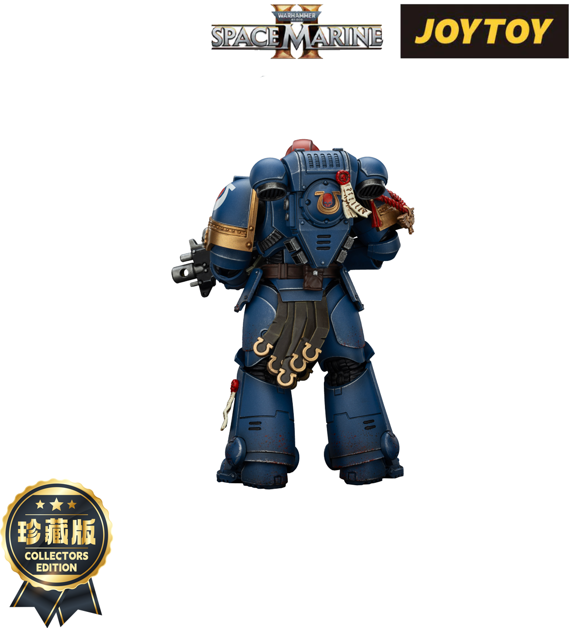 Blue Warhammer Space Marine action figure in heavy armor, viewed from the back